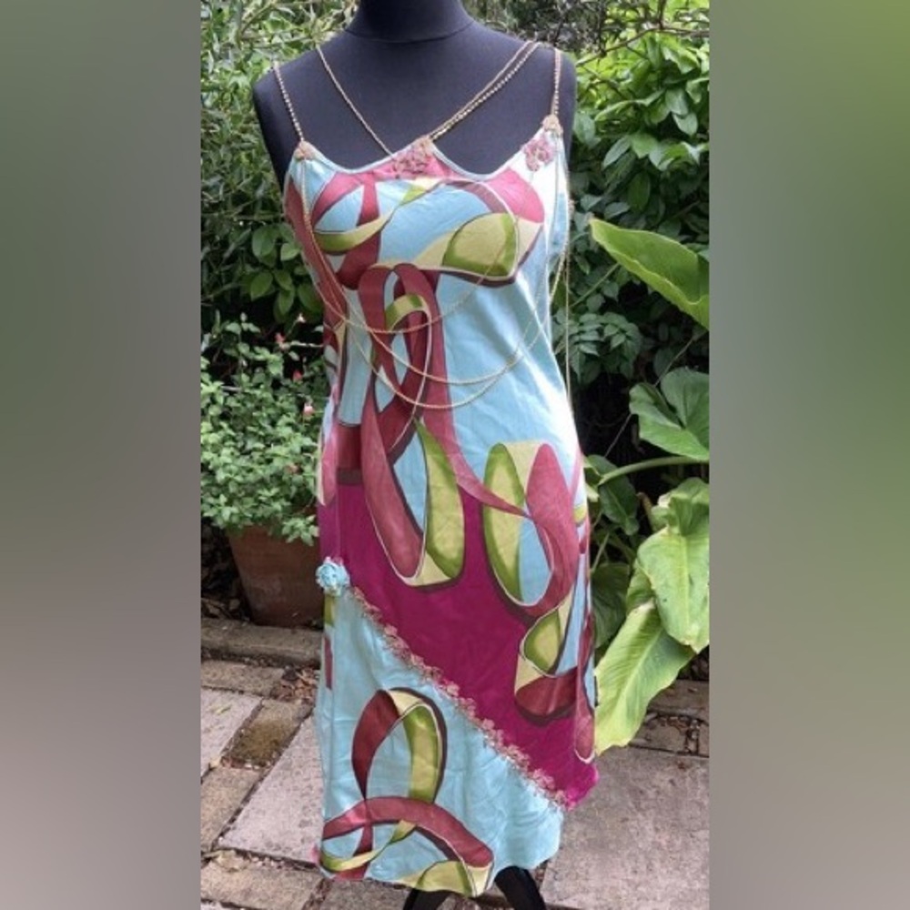 Voyage Invest in the Original London Colorful Abstract Silk Slip Dress - 90s - M